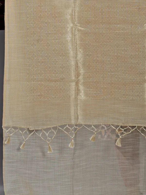 Beige yellow printed zari semi cotton saree