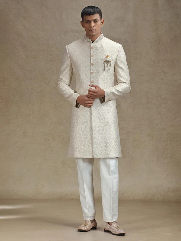 Beige zari weaved jacquard indo western