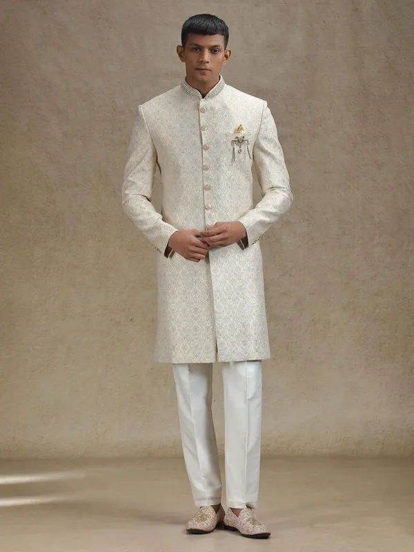 Beige zari weaved jacquard indo western