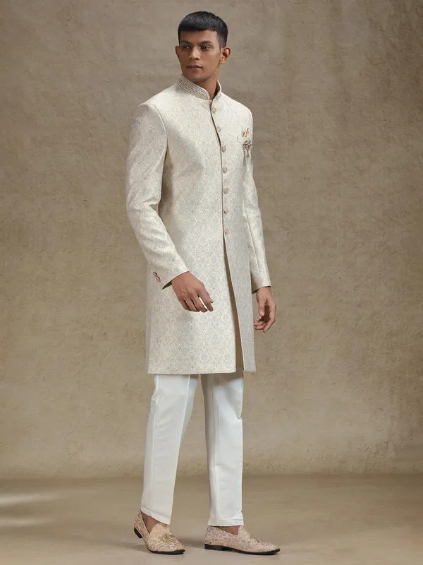 Beige zari weaved jacquard indo western