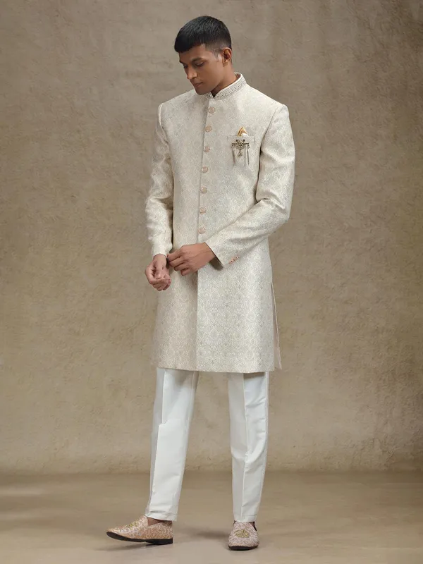 Beige zari weaved jacquard indo western