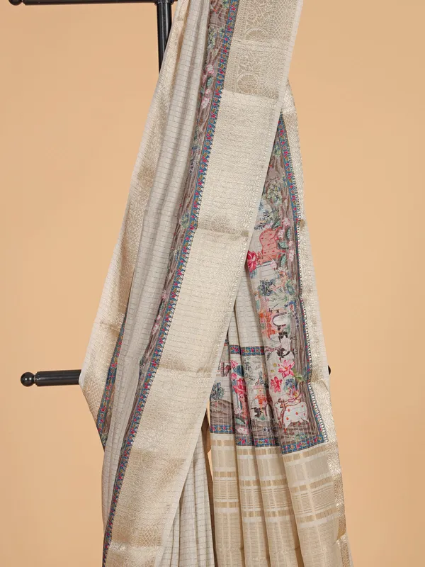Beige zari weaving dola silk saree