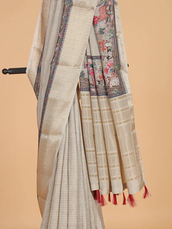 Beige zari weaving dola silk saree