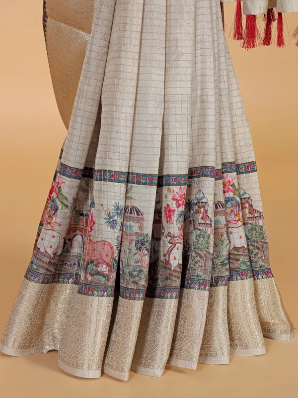 Beige zari weaving dola silk saree
