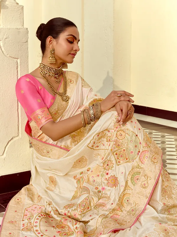 Beige zari worked silk saree
