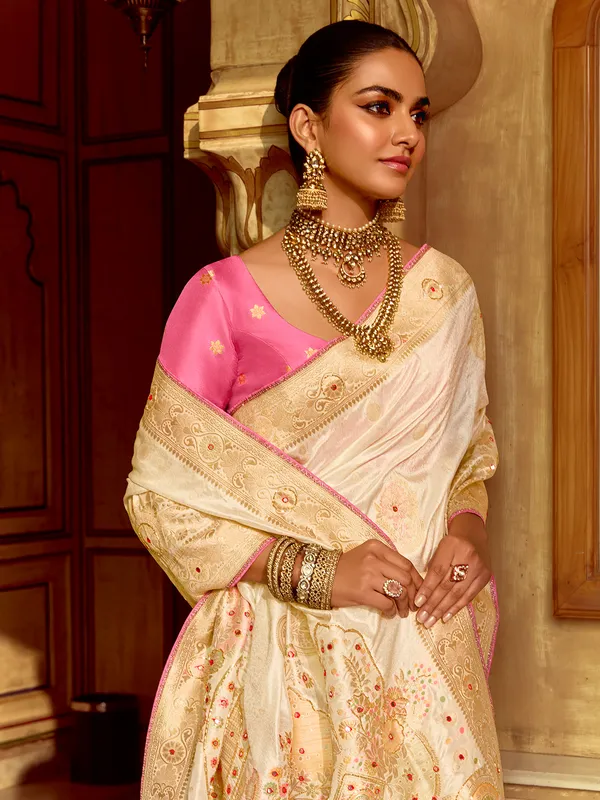 Beige zari worked silk saree