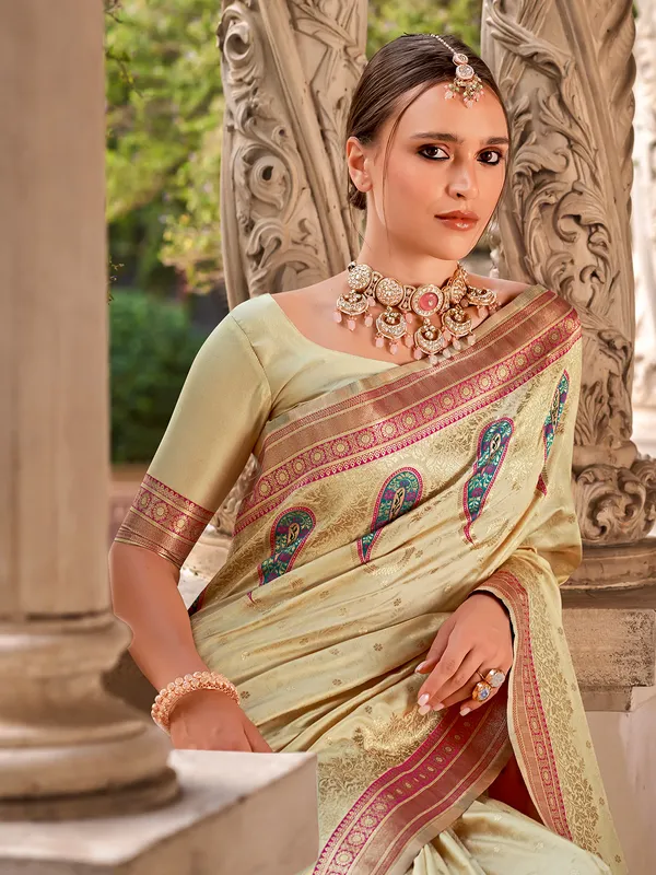 Beige zari worked silk saree for women