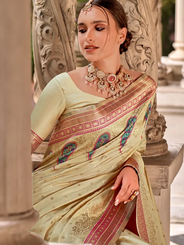Beige zari worked silk saree for women