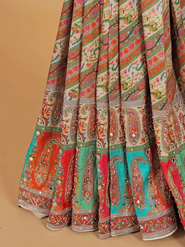 Beige zari worked wedding saree in silk