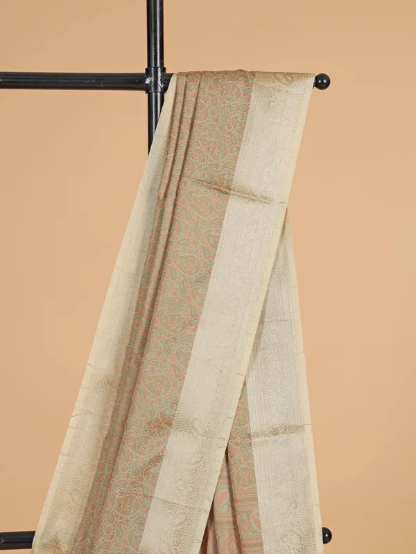 Beige zari worked wedding silk saree