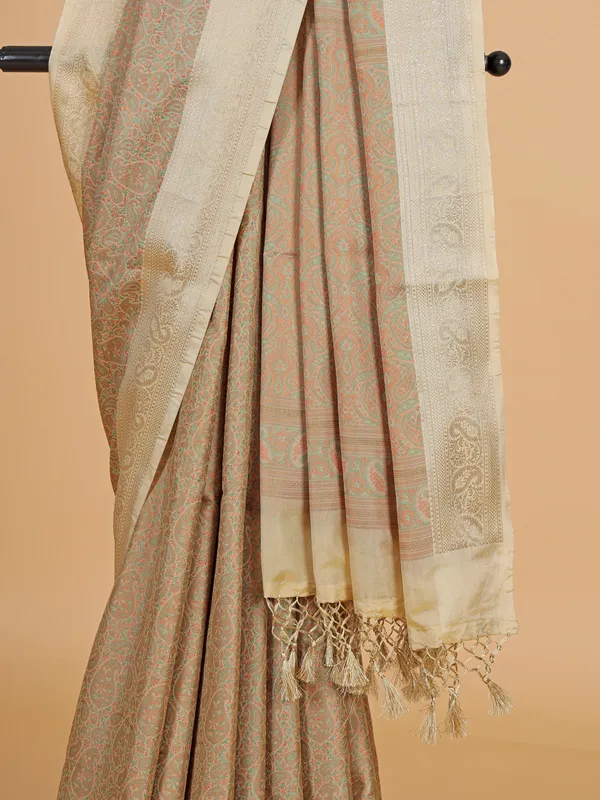 Beige zari worked wedding silk saree