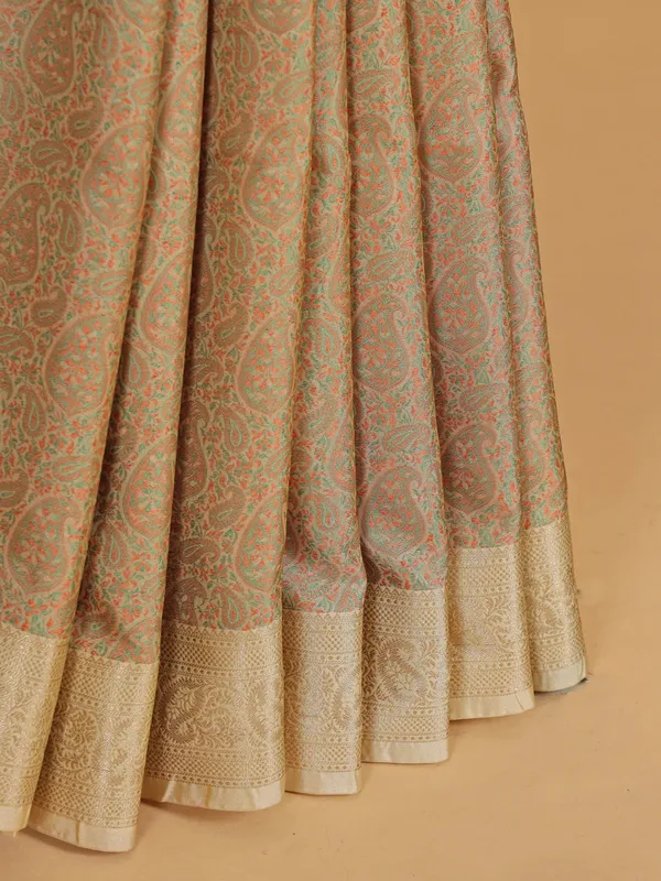 Beige zari worked wedding silk saree