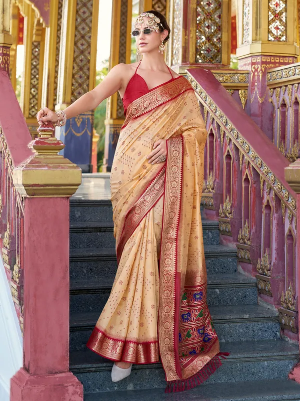 Beige zari woven tussar silk saree with blouse
