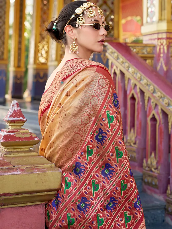 Beige zari woven tussar silk saree with blouse
