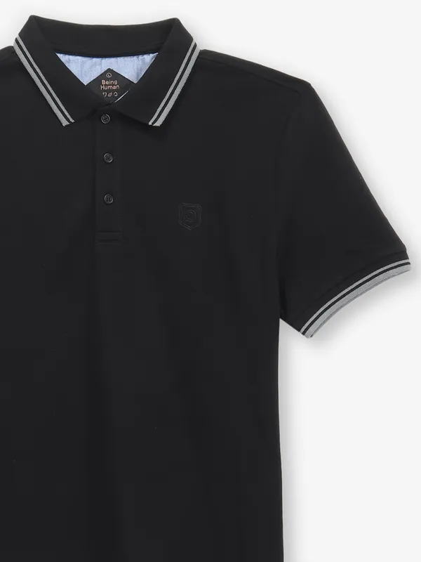 BEING HUMAN black plain cotton polo t-shirt