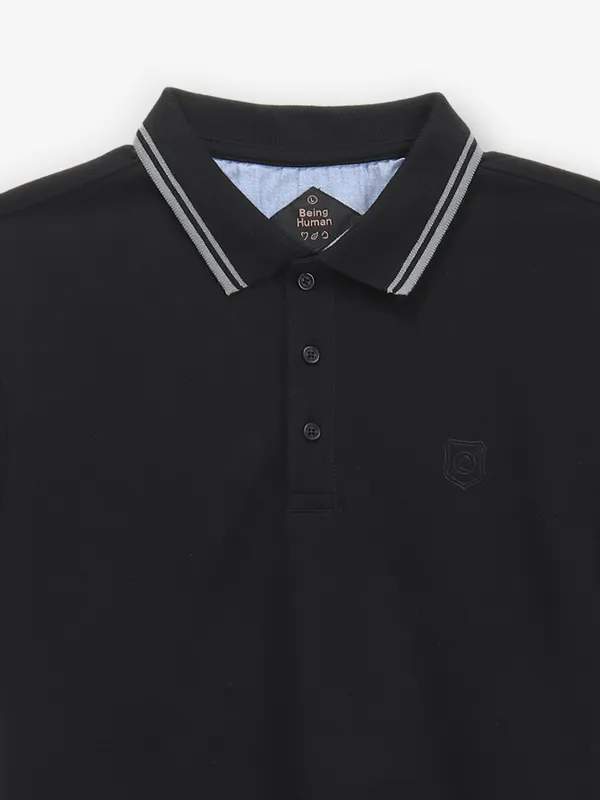 BEING HUMAN black plain cotton polo t-shirt