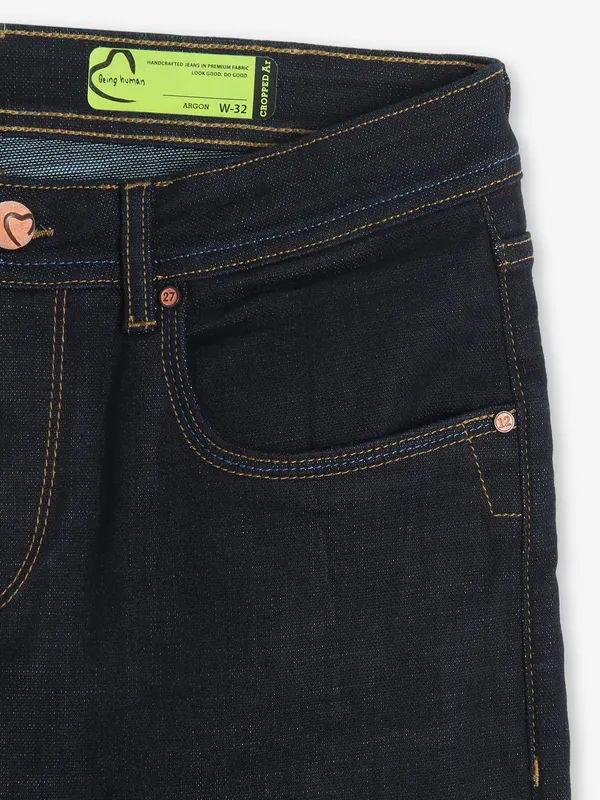 BEING HUMAN black solid cropped fit jeans