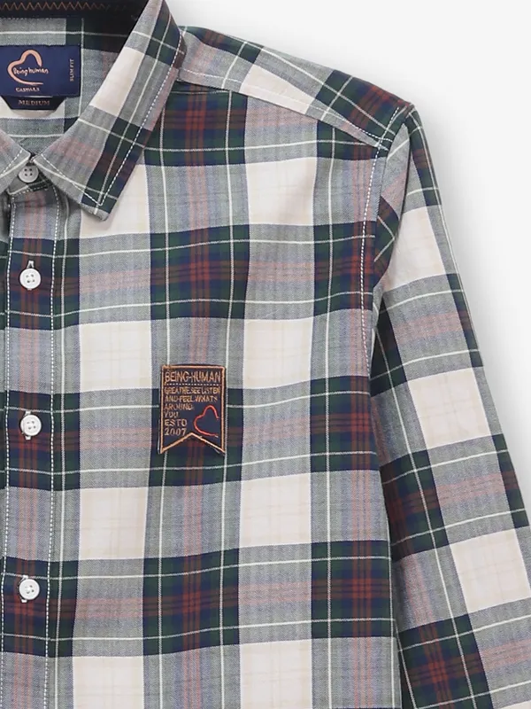 BEING HUMAN checked beige and green cotton shirt