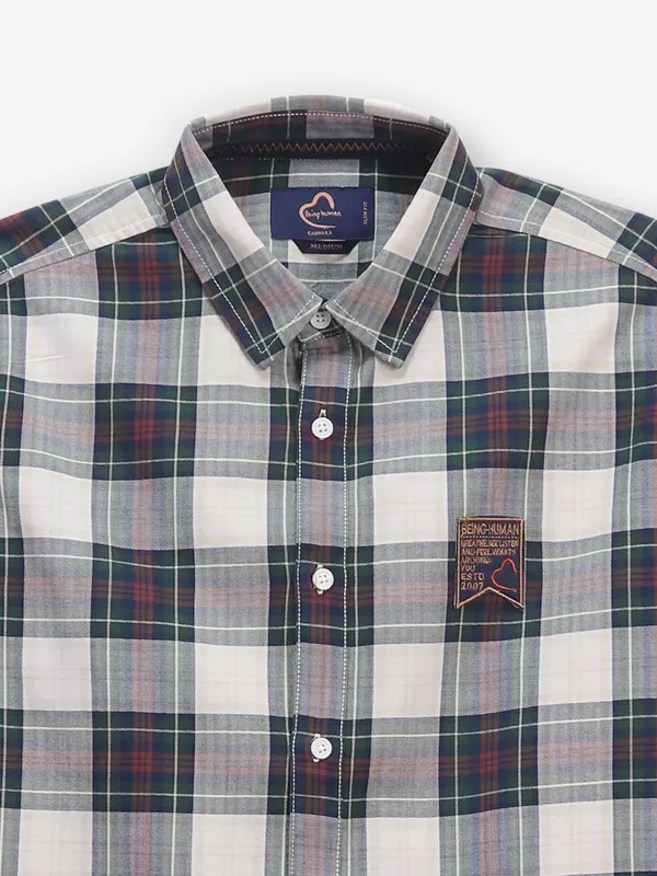 BEING HUMAN checked beige and green cotton shirt