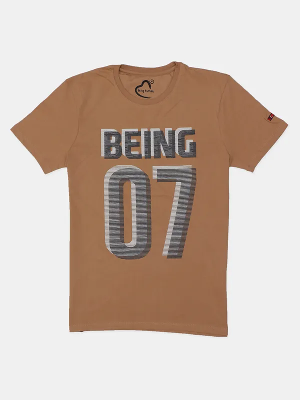 Being Human cotton khaki slim fit printed t shirt