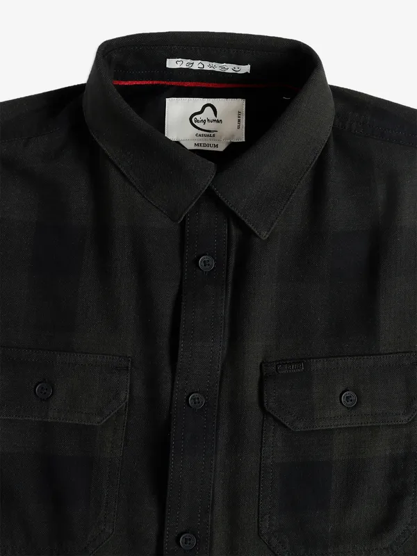 Being Human cotton dark green checks shirt