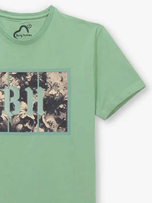 BEING HUMAN cotton light green printed t-shirt