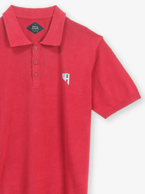 BEING HUMAN cotton red plain t-shirt
