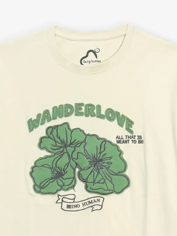 BEING HUMAN cream cotton embroidery t-shirt