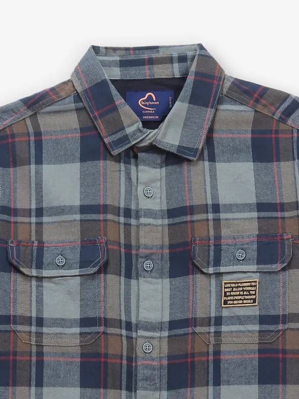BEING HUMAN grey and blue check print shirt