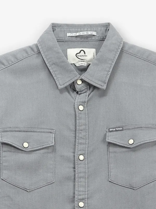 BEING HUMAN grey solid denim shirt