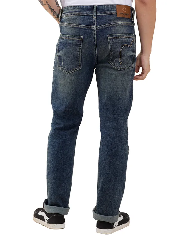 BEING HUMAN mid tone blue washed jeans for mens