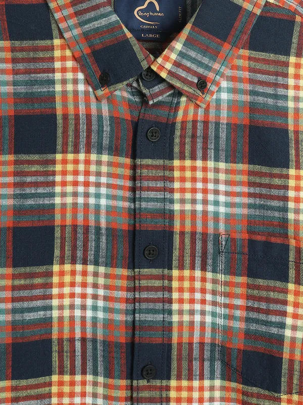 BEING HUMAN navy and orange cotton shirt