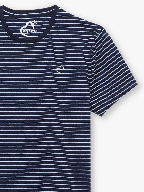 BEING HUMAN navy blue cotton t-shirt with stripe