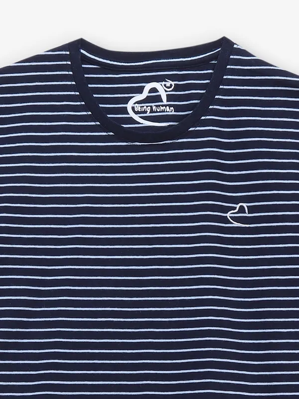 BEING HUMAN navy blue cotton t-shirt with stripe