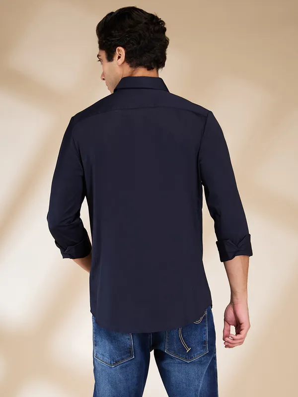 BEING HUMAN navy solid cotton shirt for men