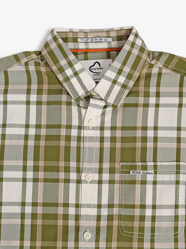 Being Human olive checks slim fit shirt