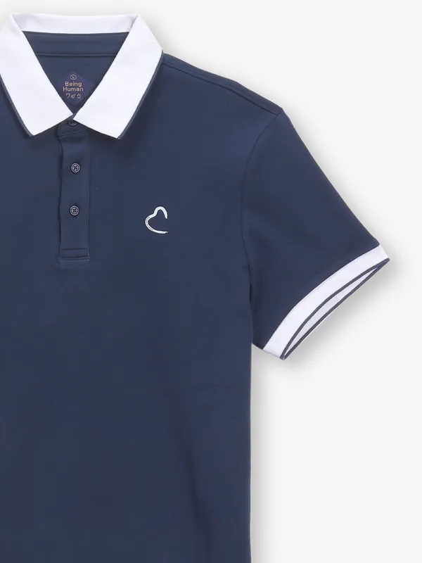 BEING HUMAN plain navy cotton polo t-shirt