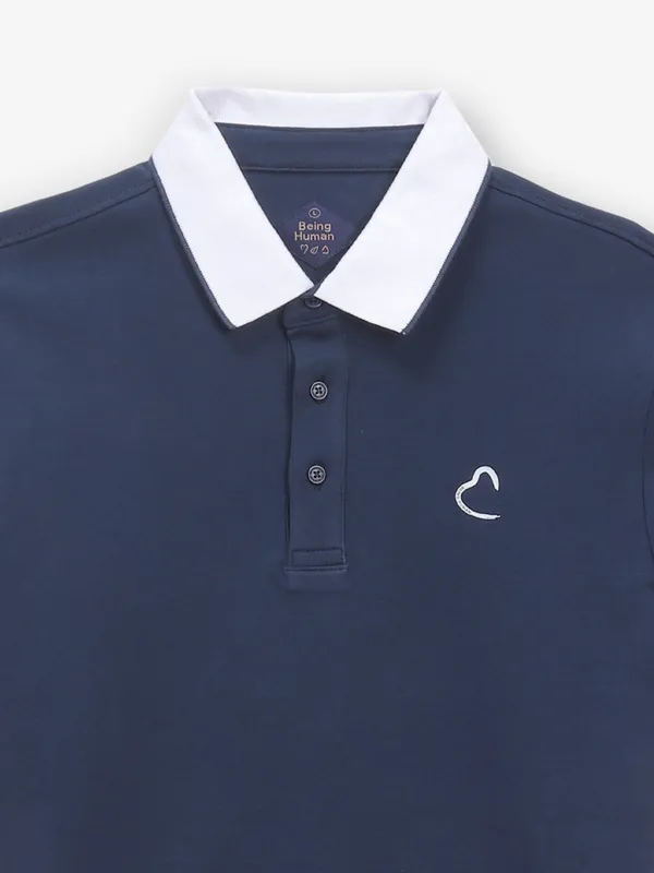 BEING HUMAN plain navy cotton polo t-shirt
