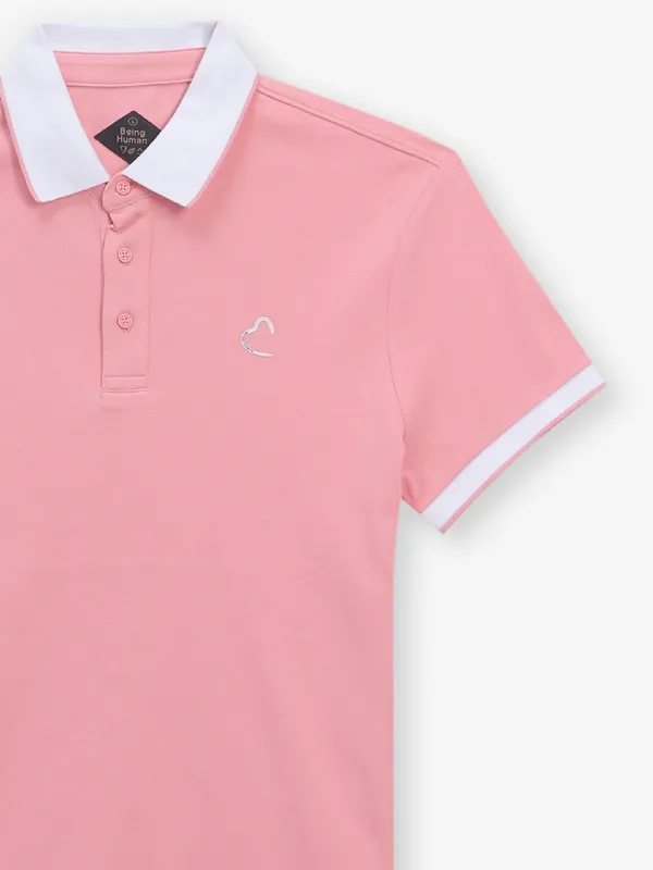BEING HUMAN plain pink cotton polo t-shirt