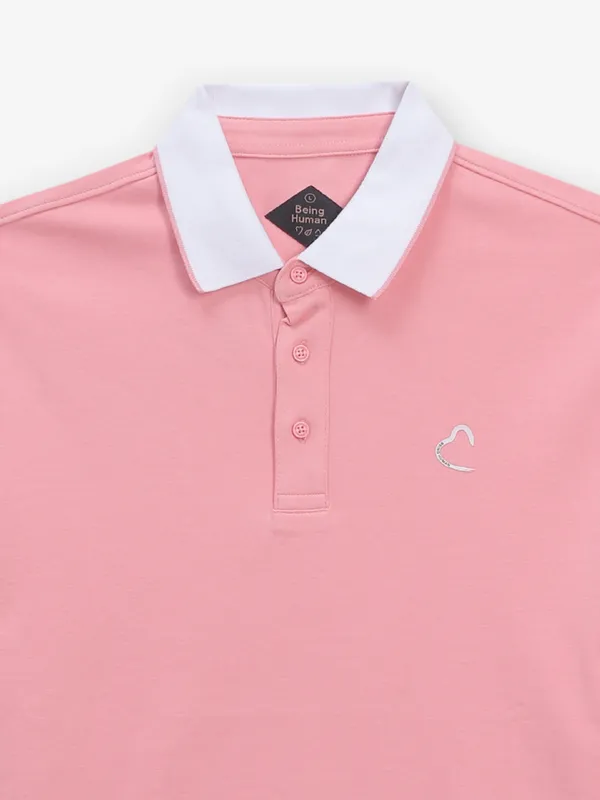 BEING HUMAN plain pink cotton polo t-shirt