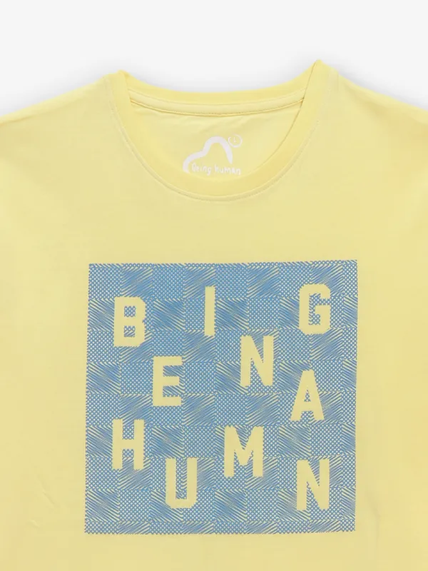 BEING HUMAN printed yellow cotton t-shirt for mens