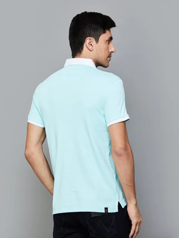 BEING HUMAN sky blue plain cotton polo t-shirt