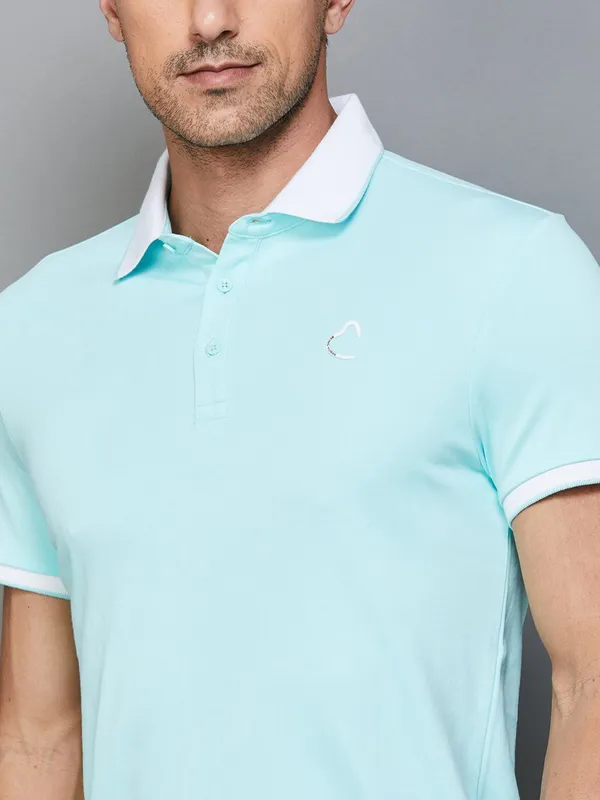 BEING HUMAN sky blue plain cotton polo t-shirt
