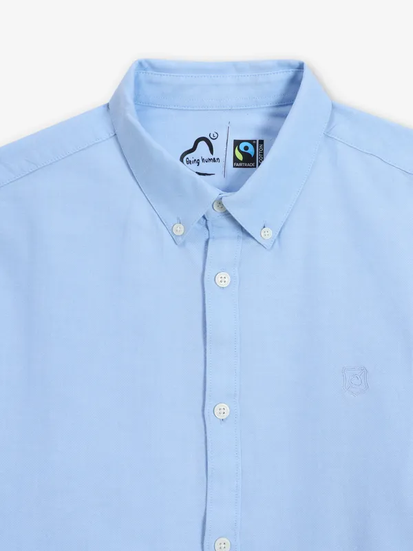 BEING HUMAN sky blue plain cotton slim fit shirt