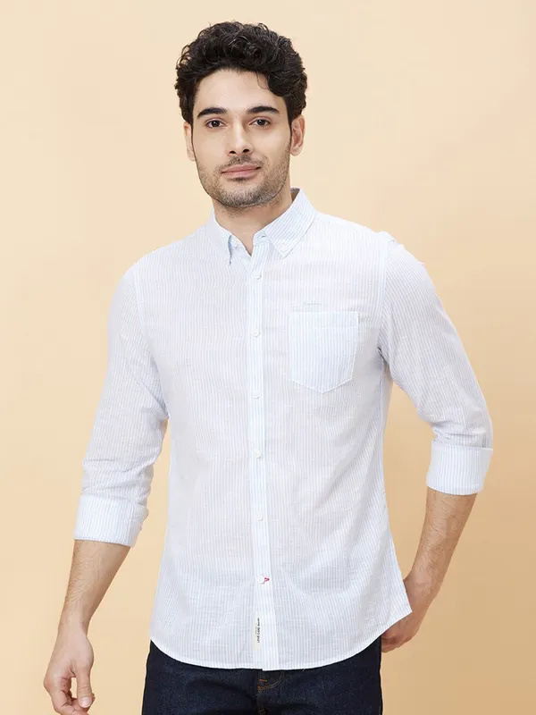 BEING HUMAN sky blue stripe shirt