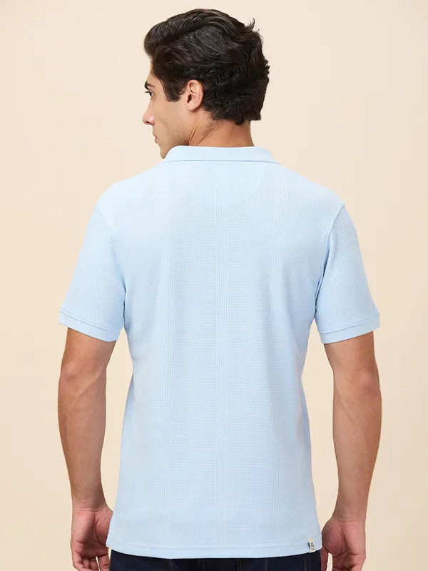 BEING HUMAN sky blue textured cotton polo t-shirt