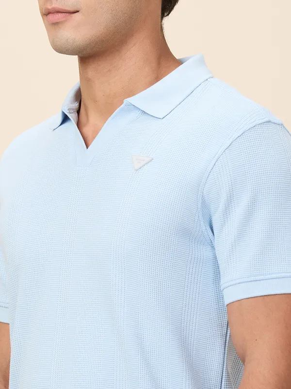 BEING HUMAN sky blue textured cotton polo t-shirt