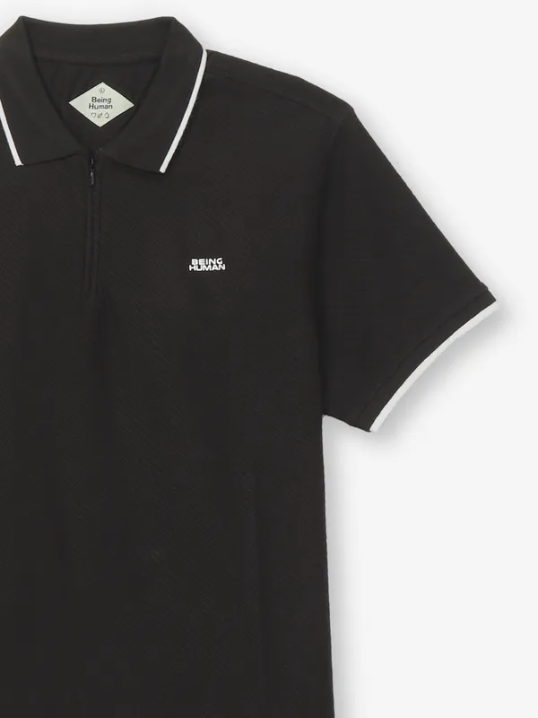 BEING HUMAN solid black casual wear zipper polo t-shirt