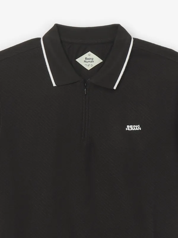 BEING HUMAN solid black casual wear zipper polo t-shirt