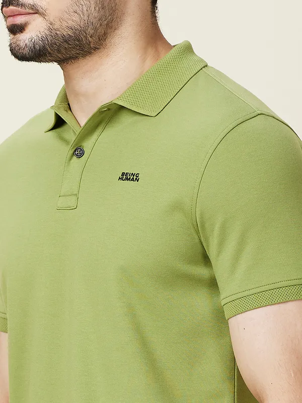 BEING HUMAN solid green slim fit cotton polo t-shirt